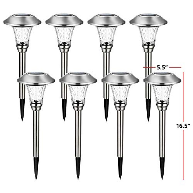 SOLPEX 8팩 태양광 정원 조명, 태양광 조명 야외 방수, 유리 스테인리스 스틸 자동 야외 태양광 조명(야드, 잔디밭, 파티오, 정원, 통로, 산책로 또는 차도용)(온백색)