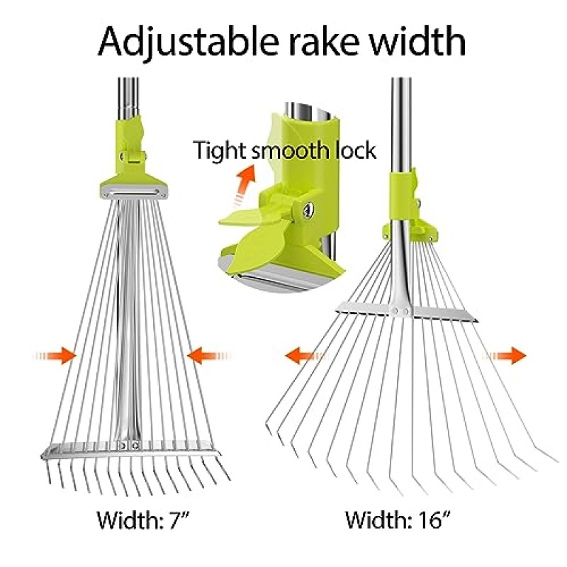 조정 가능한 정원 잎 갈퀴 56인치, 확장 가능한 머리 7-16