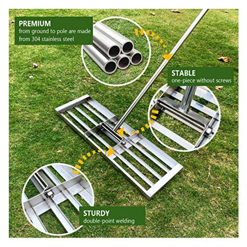 레벨링 잔디 갈퀴 스테인레스 스틸 30' x 10' - 72' 긴 스테인레스 스틸 손잡이가 있는 잔디 레벨링 도구, 토양 모래 먼지 상판 드레싱용 잔디 레벨러