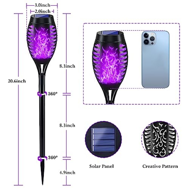 16팩 할로윈 장식용 보라색 태양열 구동 할로윈 조명, 할로윈 마당 장식용 태양광 불꽃 토치 조명, 할로윈 통로 조명 방수, 정원 파티오 잔디용 할로윈 조명