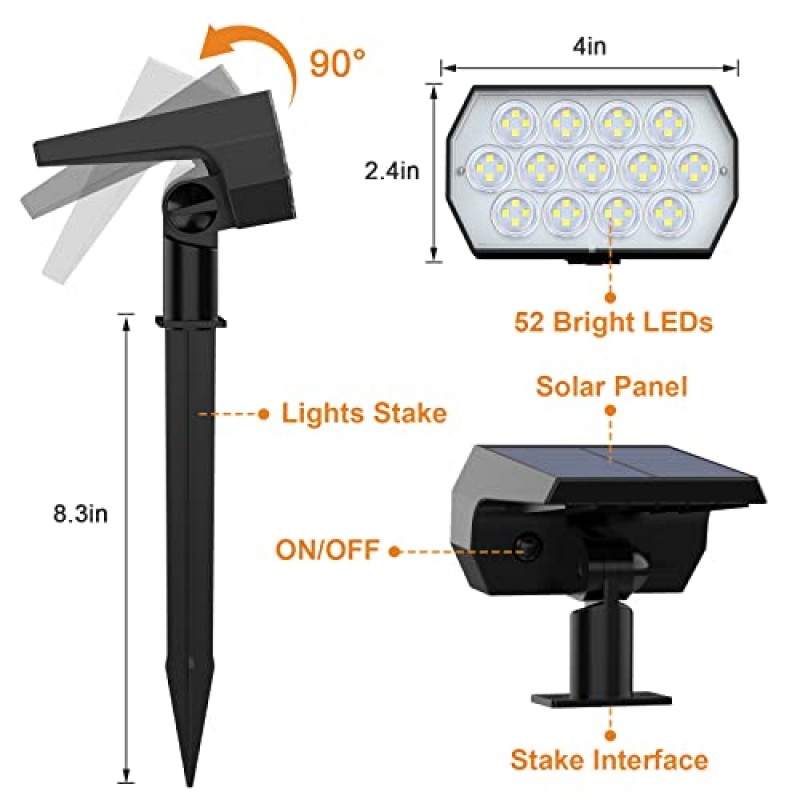 WELALO 태양광 스포트라이트 실외, [6팩/52 LED/3개 모드] 2-in-1 태양광 경관 스포트라이트, 태양광 전원 보안 조명, 산책로 정원 정원 진입로용 IP65 방수 벽 조명(쿨 화이트)