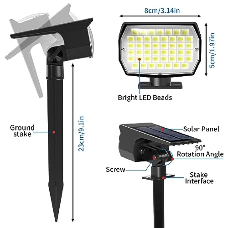 Tadyreal 태양광 스폿 조명 실외 10 팩, [46 LED/3 모드] 태양광 풍경 스포트라이트 방수, 2-in-1 자동 켜짐/꺼짐 외부 마당 정원 벽 통로용 태양광 발전 조명(시원한 흰색)