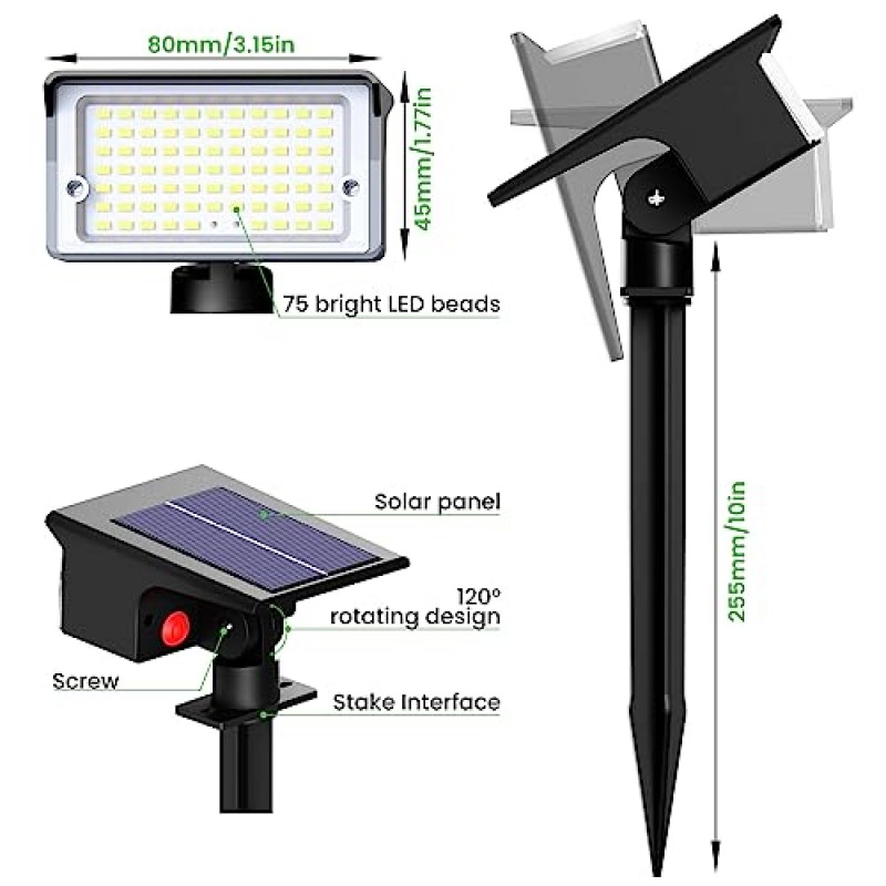 nipify 10 팩 태양광 스포트라이트 실외, [ 75 LED/4 모드 ] 태양광 스포트라이트 실외 방수 2-in-1 자동 온/오프 외부 마당 벽 정원 통로용 태양광 경관 조명(쿨 화이트