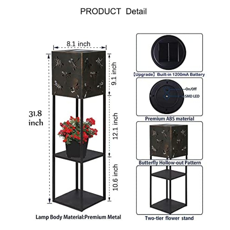 대형 야외 태양광 랜턴 장식 - 2단 꽃 스탠드가 있는 잠자리 프로젝션 조명, 태양광 발전 정원 랜턴, 파티오 잔디밭 장식을 위한 31인치 높이의 태양광 랜턴 야외 방수