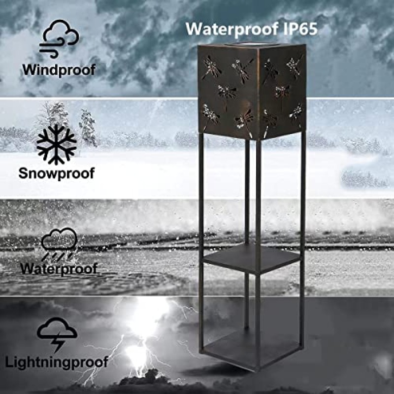 대형 야외 태양광 랜턴 장식 - 2단 꽃 스탠드가 있는 잠자리 프로젝션 조명, 태양광 발전 정원 랜턴, 파티오 잔디밭 장식을 위한 31인치 높이의 태양광 랜턴 야외 방수