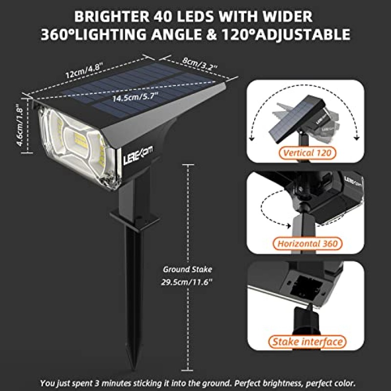 LEREKAM 태양광 조명 실외 방수 경관 조명, 40 LED 태양광 스폿 조명 3가지 조명 모드가 있는 실외 스포트라이트, USB 및 태양광 발전 정원 마당 벽 조명 파티오 6팩용 자동 켜짐/꺼짐