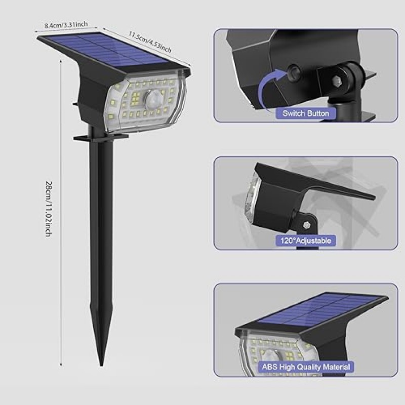 태양열 스폿 조명 실외 모션 센서, [8팩/IP68 방수/3가지 모드] 밝은 태양열 풍경 스포트라이트, 정원 마당 통로 진입로 벽 산책로용 태양광 발전 외부 조명(시원한 흰색)