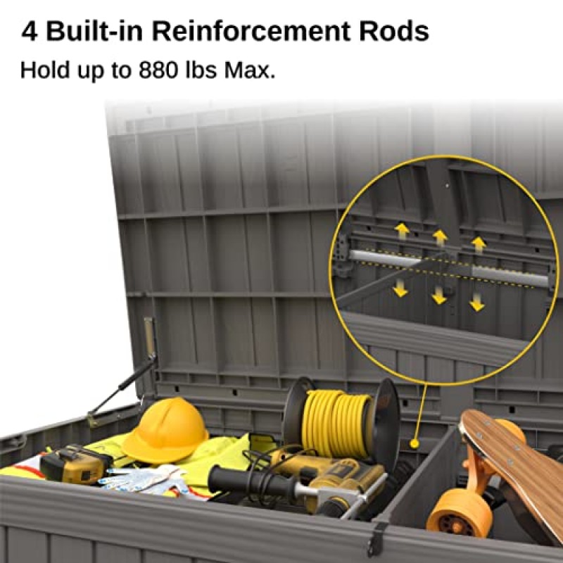 EAST OAK 180갤런 데크 박스, 파티오 가구용 자물쇠가 있는 야외 보관함, 파티오 쿠션, 원예 도구, 수영장 용품, 방수 및 자외선 방지, 회색