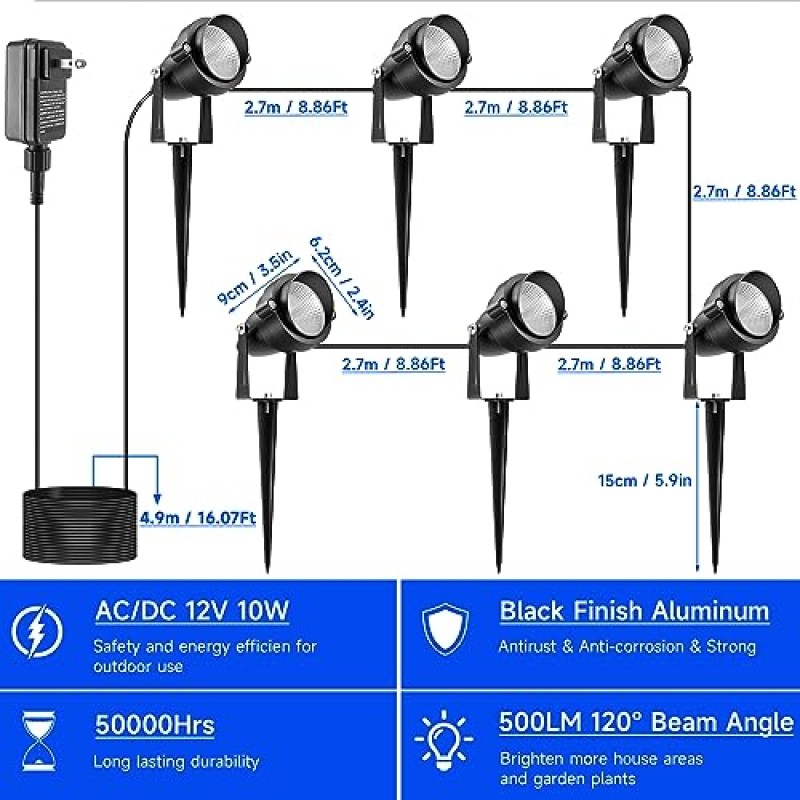 타이머가 있는 야외 할로윈 스포트라이트, 12V 금속 RGB 색상 변경 방수 LED 조경 조명 마당 정원 통로 산책로 집 나무 진입로 잔디 장식, 6개의 조명을 위한 야외 스포트라이트