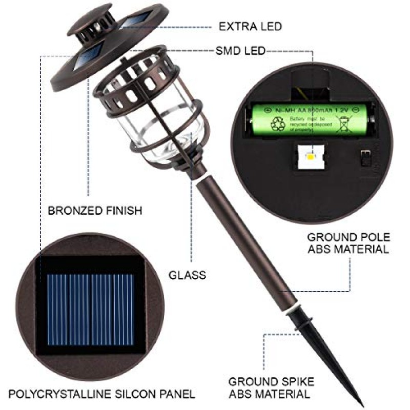 SOLPEX 6팩 태양광 경로 조명 실외, 유리 및 청동 마감, 고루멘 출력 2개의 밝은 LED 조명, 파티오, 마당, 잔디, 정원용 방수 자동 태양광 조명