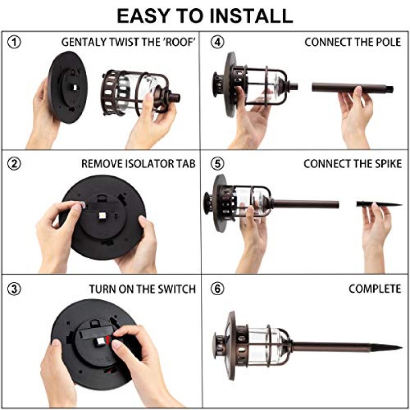 SOLPEX 6팩 태양광 경로 조명 실외, 유리 및 청동 마감, 고루멘 출력 2개의 밝은 LED 조명, 파티오, 마당, 잔디, 정원용 방수 자동 태양광 조명