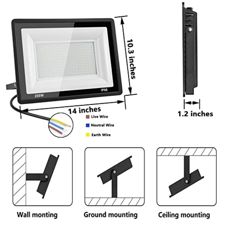 ZAROVS 200W LED 투광 조명 야외 2 팩, 22000LM 슈퍼 밝은 보안 조명, IP66 방수 야외 투광 조명, 마당, 경기장, 잔디 헛간, 경기장용 5000K 일광 백색 LED 외부 조명