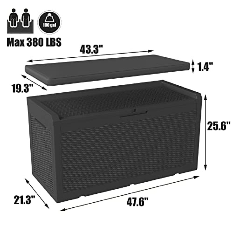 Greesum 100 갤런 수지 데크 박스 파티오 가구, 정원 도구, 수영장 용품, 비바람에 견디고 UV 방지, 잠금 가능, 딥 블랙을 위한 대형 야외 보관함