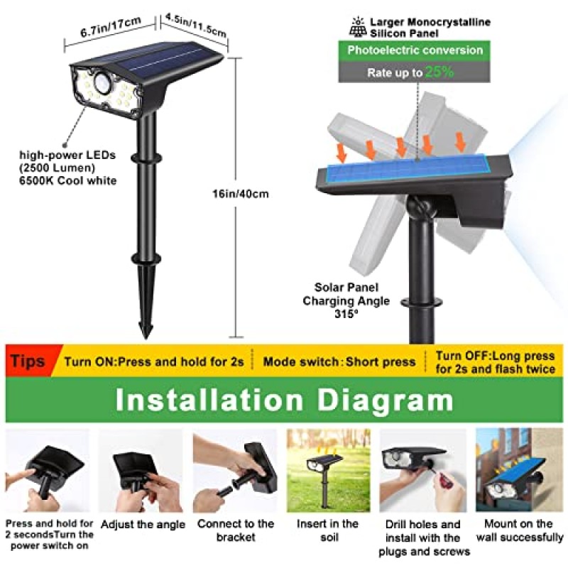 밝은 태양열 스포트 라이트 야외 모션 센서, 3 가지 모드 태양열 모션 센서 야외 조명, 방수 태양 광 조명 야외, 마당 통로 진입로 산책로 벽 (4 팩)에 대한 LED 정원 풍경 스포트라이트