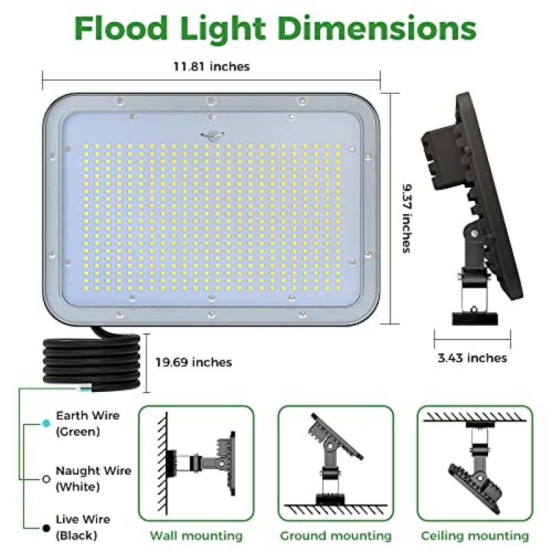 2 팩 110V LED 투광 조명 100W 480led 야외 보안 방수 IP65 지역 투광 조명 14880LM 3 각도 조절 작업 램프 5000K 일광 상업 조명 헛간 정원 마당 잔디 놀이터