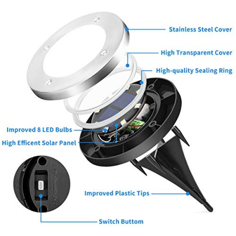 SOLPEX 20 팩 태양광 지상 조명, 8 LED 태양열 구동 디스크 조명 마당 데크 잔디 파티오 통로 산책로용 야외 방수 정원 조경 조명(차가운 흰색/따뜻한 흰색)