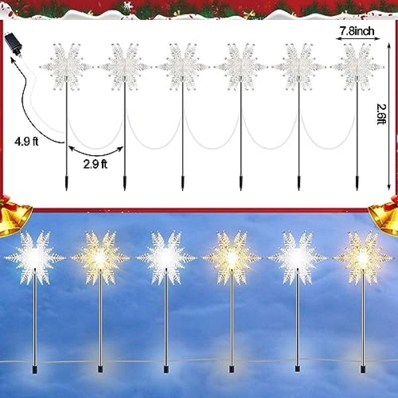 VIHOSE 2 팩 크리스마스 통로 조명 8 가지 모드 LED 눈송이 롤리팝 마커 조명 방수 조경 조명 크리스마스 야외 장식 마당 크리스마스 마당 정원 파티오 산책로 (눈송이)