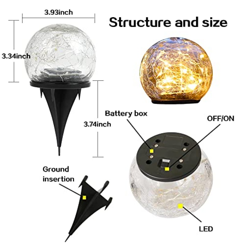 TOMEX 4팩 태양광 정원 조명, 깨진 유리 공 방수 따뜻한 흰색 LED 야외 장식 장식 통로 파티오 야드 잔디, 4팩(4.7