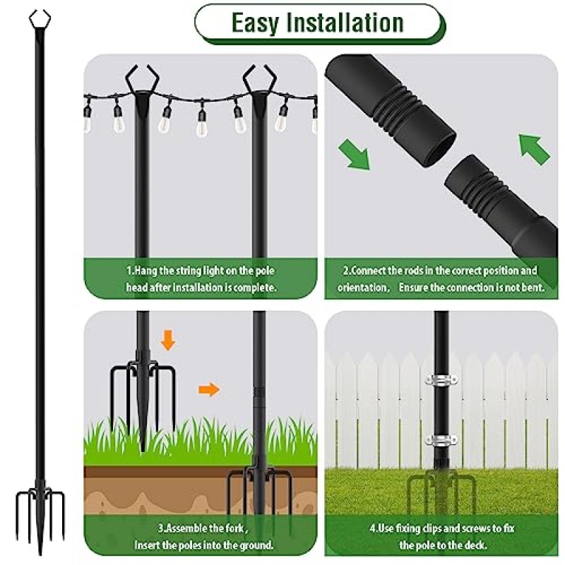 Aulimhti 문자열 조명 기둥 Haning 야외 문자열 조명용 포크가 있는 10Ft 금속 기둥, 외부 정원, 파티오, 뒤뜰, 갑판용 2팩 조명 기둥 스탠드