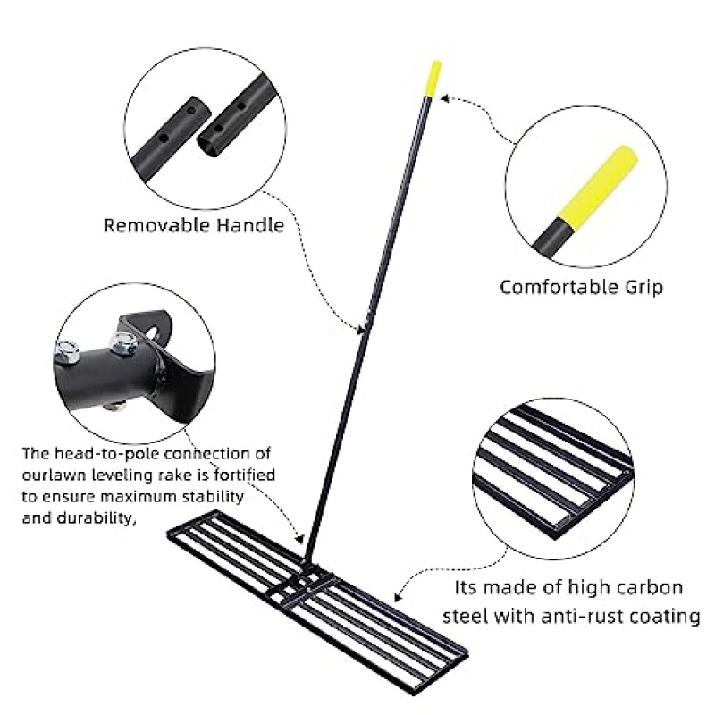 Byhagern 잔디 레벨링 레이크 - 헤비 듀티 레벨 레이크 - 45인치 폭 69인치 핸들 잔디 레벨러, 정원, 골프 코스, 농장, 뒷마당용 레벨론 도구...