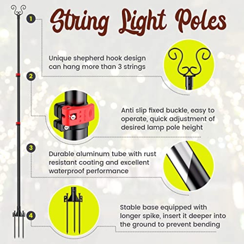 실외용 스트링 라이트 폴 4팩, 앵커가 있는 10피트 텔레스코픽 조정 가능한 높이 파티오 라이트 폴, 스트링 라이트용 알루미늄 방청 가든 폴, 데크 베란다 마당 울타리 잔디용 범용