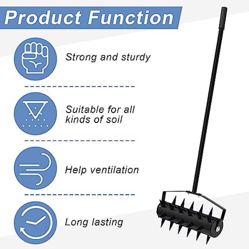 Hiboom 잔디 통풍기 59인치 스테인레스 스틸 손잡이와 블레이드가 있는 16인치 헤비 듀티 롤링 잔디 통풍기 뒷마당 유지 관리, 토양 잔디, 정원 도구를 위한 수동 정원 야드 로터리 푸시 잔디 통풍기