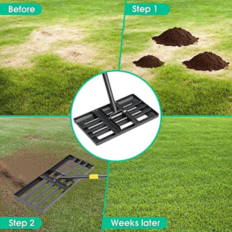 잔디 레벨링 레이크, 6피트 조정 가능한 강철 손잡이가 있는 30