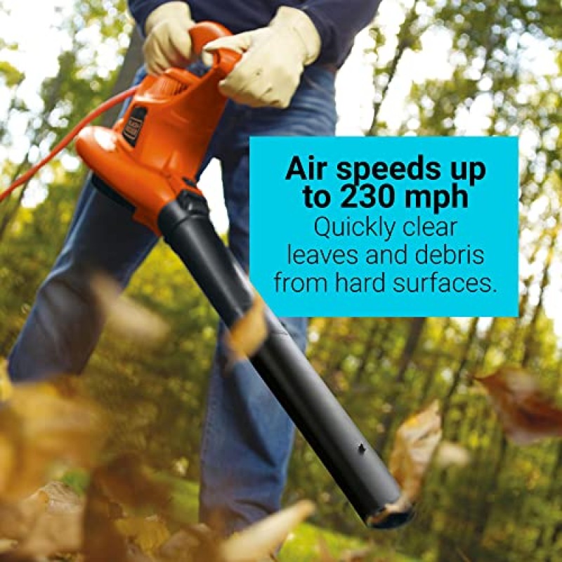 BLACK+DECKER 3-in-1 낙엽 송풍기, 낙엽 청소기 및 멀칭기, 최대 230MPH, 12Amp, 유선 전기(BV3600)