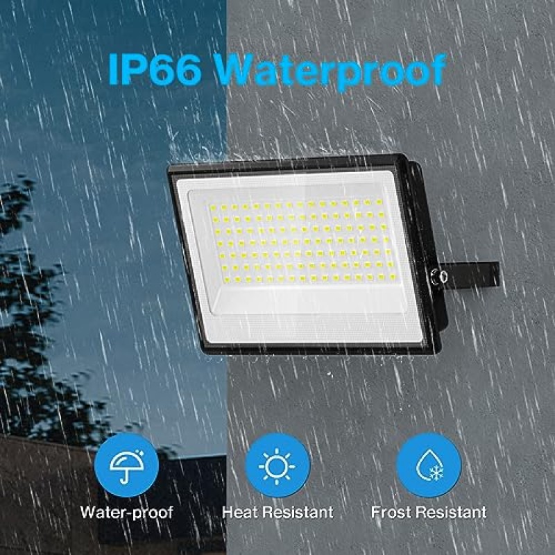 Olafus 2 팩 100W LED 투광 조명 실외, 9000lm LED 작업 조명(플러그 포함), IP66 방수 외부 보안 조명, 놀이터 마당 경기장 잔디밭용 6500K 일광 흰색 외부 투광 조명