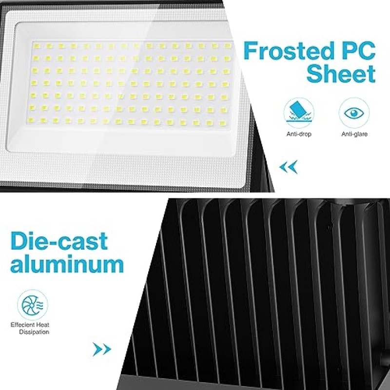 Olafus 2 팩 100W LED 투광 조명 실외, 9000lm LED 작업 조명(플러그 포함), IP66 방수 외부 보안 조명, 놀이터 마당 경기장 잔디밭용 6500K 일광 흰색 외부 투광 조명