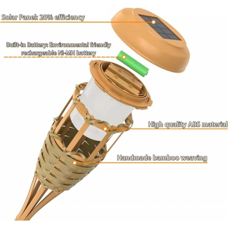 Evelynsun 티키 토치 야외 태양광 조명 - 깜박이는 불꽃이 있는 태양광 토치 라이트 방수 정원 외부용 티키 토치
