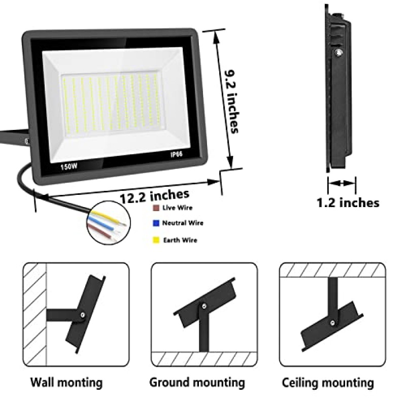 ZAROVS 150W LED 투광 조명 야외 2 팩, 16500LM 슈퍼 밝은 보안 조명, IP66 방수 야외 투광 조명, 차고, 정원, 잔디 및 마당용 5000K 일광 백색 LED 외부 조명