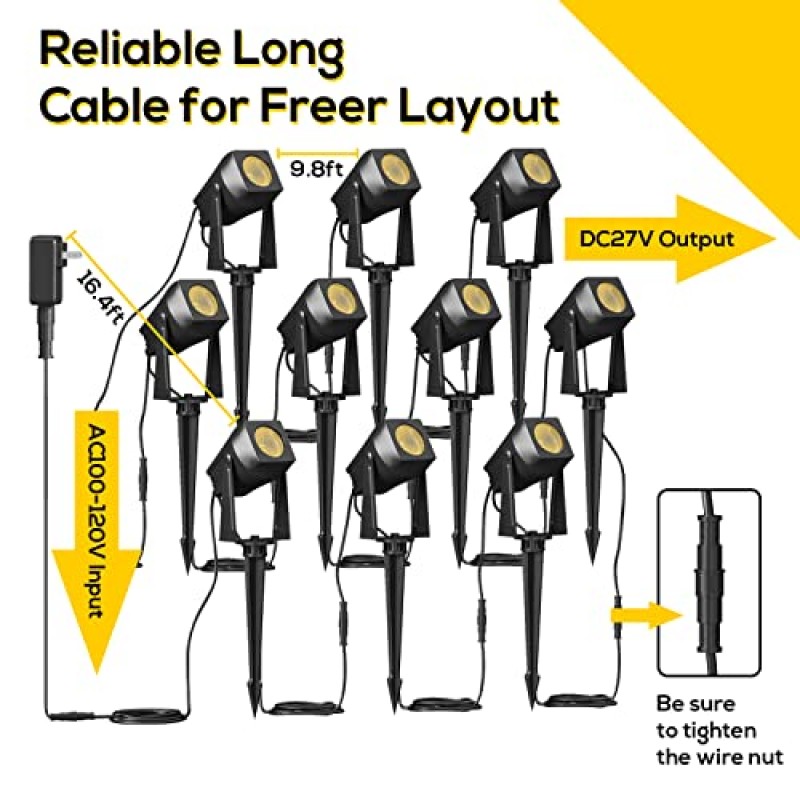 FMART 조경 조명, 스테이크가 있는 3Wx10 저전압 야외 조경 스포트라이트, 2700K 온백색 IP65 방수 야외 조경 LED 조명(정원 뒤뜰 잔디밭용), 2500루멘, 10팩