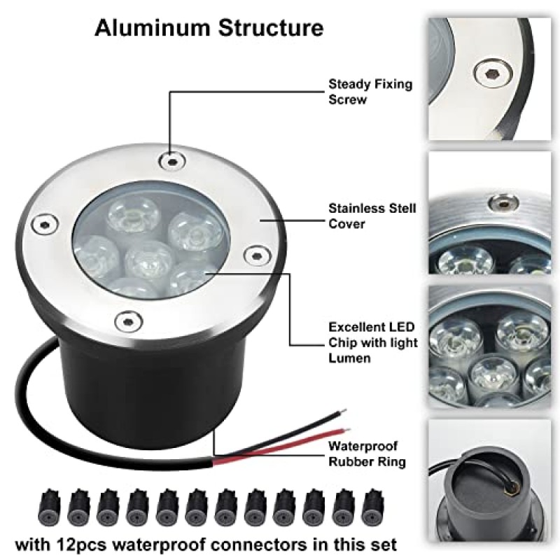 JESLED 조경 조명 6W LED 우물 조명, 12V 24V 지상 조명 6000K 밝은 흰색, IP67 방수 저전압 조경 조명 스포트라이트 진입로 데크 파티오 야드 정원 야외(6팩)