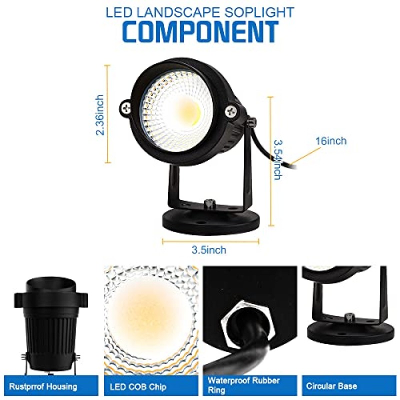 ELEGLO 조경 조명, 저전압 Led 조경 조명, 12V AC/DC 방수 조경 스포트라이트 나무 깃발용 스테이크가 있는 야외 스포트라이트 3000K 따뜻한 흰색 잔디 장식 램프(원형 베이스)