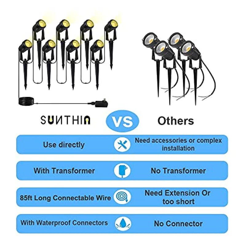 SUNTHIN 야외 조경 스포트라이트, 정원, 마당, 집, 잔디, 나무, 깃발, 울타리 사용, 따뜻한 흰색, IP65 방수용 변압기가 있는 8팩 저전압 조경 조명