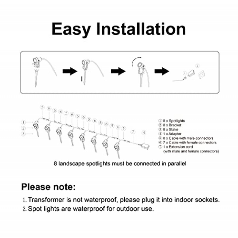 SUNTHIN 야외 조경 스포트라이트, 정원, 마당, 집, 잔디, 나무, 깃발, 울타리 사용, 따뜻한 흰색, IP65 방수용 변압기가 있는 8팩 저전압 조경 조명