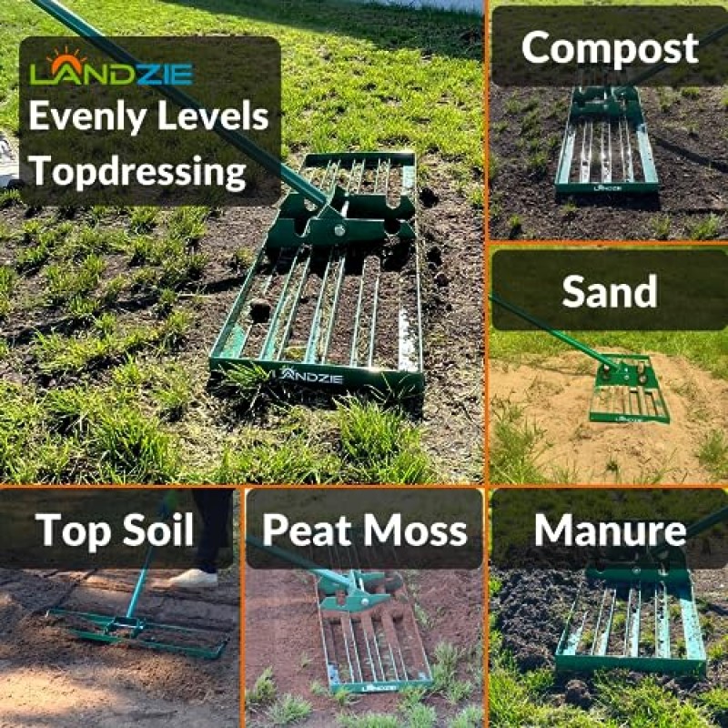 Landzie 잔디 레벨링 레이크 - 36인치 폭 72인치 핸들 파우더 코팅 마당, 정원 및 잔디 레벨링 도구 - 전문 잔디 관리 조경 도구