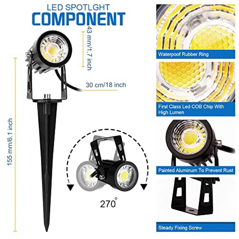 미니 LED 저전압 조경 조명, 3W LED 조경 조명, 나무, 잔디밭, 벽, 통로(12V AC/DC 따뜻한 흰색 10팩)용 IP65 방수 야외 스포트라이트(12V AC/DC 따뜻한 흰색 10팩) 커넥터 포함