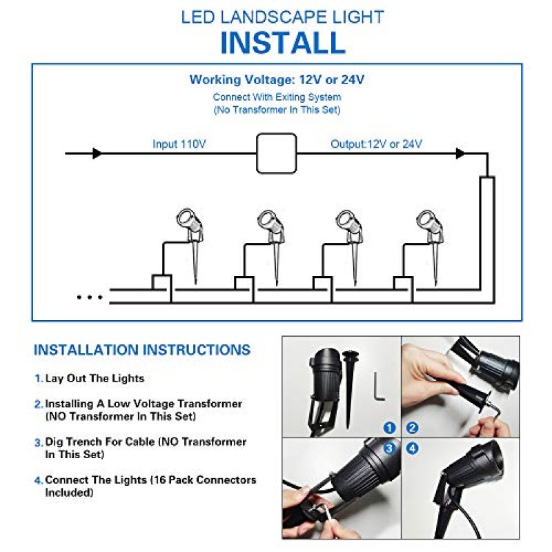 미니 LED 저전압 조경 조명, 3W LED 조경 조명, 나무, 잔디밭, 벽, 통로(12V AC/DC 따뜻한 흰색 10팩)용 IP65 방수 야외 스포트라이트(12V AC/DC 따뜻한 흰색 10팩) 커넥터 포함