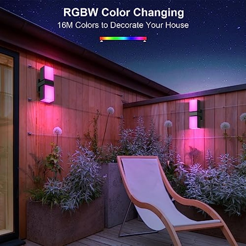 XMCOSY+ 실외 벽 조명, 1400LM LED 벽 스콘스, 스마트 RGBW 베란다 조명 검정색 외벽 조명, WiFi 앱 제어, Alexa와 함께 작동, 조절 가능한 듀얼 헤드 IP65 방수 벽 랜턴(2PK)