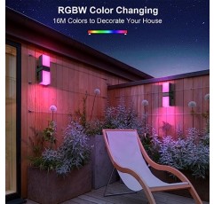 XMCOSY+ 실외 벽 조명, 1400LM LED 벽 스콘스, 스마트 RGBW 베란다 조명 검정색 외벽 조명, WiFi 앱 제어, Alexa와 함께 작동, 조절 가능한 듀얼 헤드 IP65 방수 벽 랜턴(2PK)