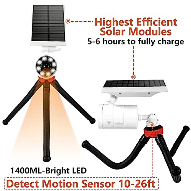 2개의 알루미늄 9W 1400루멘(130W 상당)의 야외 태양광 모션 센서 캠핑 조명 파티오 경로 베란다 정원 캠프용 LED 태양광 투광 지점 보안 조명, 100% 무료(흰색)를 위한 100주 보호