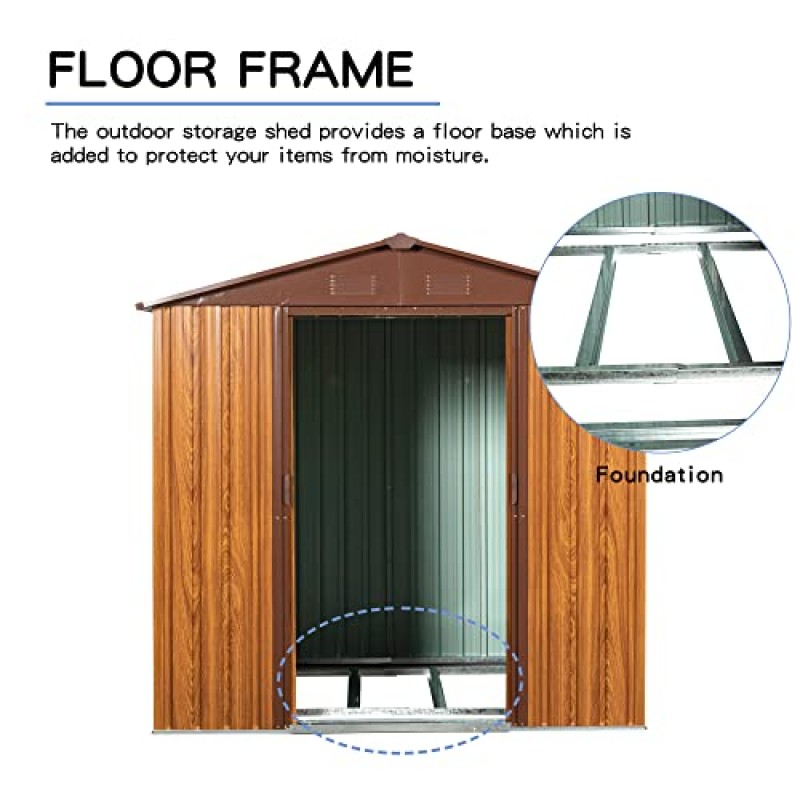 GLANZEND 6 x 6 FT 나뭇결이 있는 금속 보관 창고, 기초가 있는 실용적인 야외 정원 보관 창고, 천공 통풍구, 미닫이 문 및 자물쇠, 뒷마당 잔디밭용 유틸리티 도구 하우스, 노란색 및 갈색
