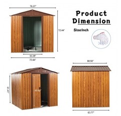 GLANZEND 6 x 6 FT 나뭇결이 있는 금속 보관 창고, 기초가 있는 실용적인 야외 정원 보관 창고, 천공 통풍구, 미닫이 문 및 자물쇠, 뒷마당 잔디밭용 유틸리티 도구 하우스, 노란색 및 갈색