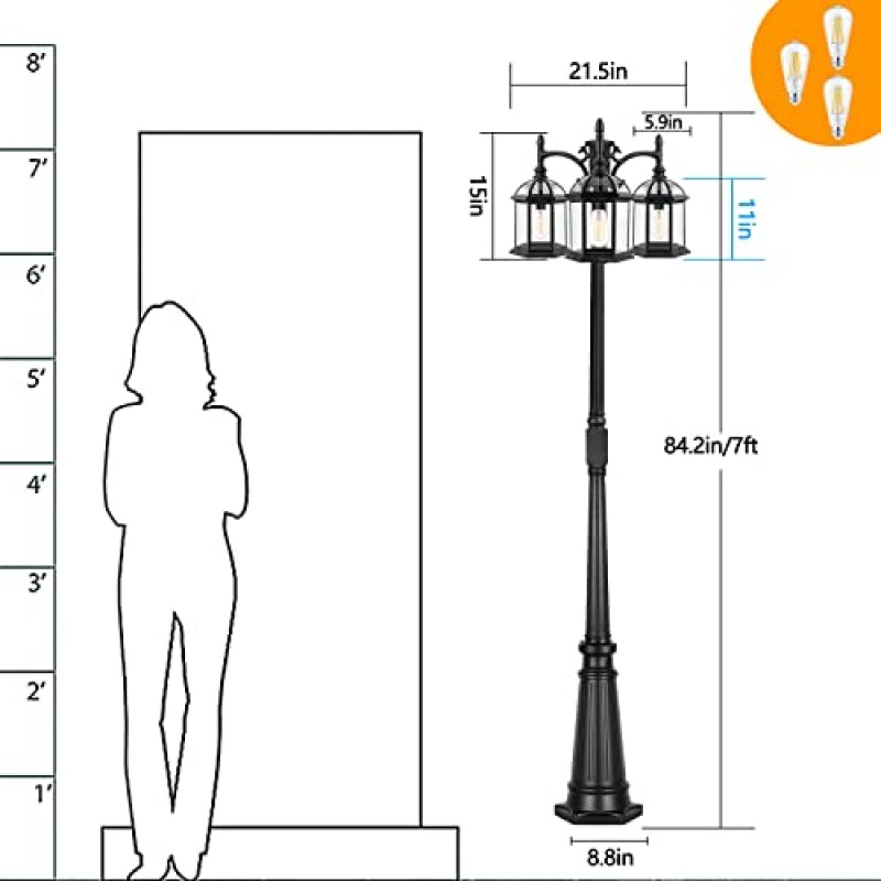 황혼에서 새벽까지 GFCI 콘센트가 있는 야외 램프 포스트 조명, 센서가 있는 외부용 삼중 헤드 알루미늄 가로등 포스트, 뒷마당 정원 파티오 진입로용 방수 새장 기둥 조명 기구