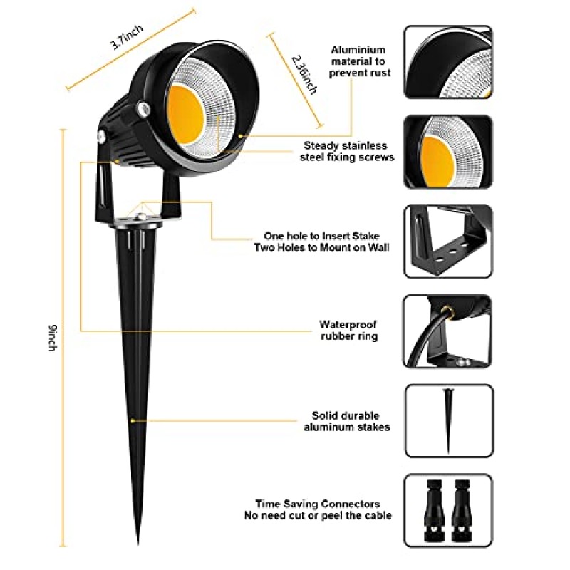 ZUCKEO 10W 저전압 조경 조명 커넥터가 있는 LED 조경 조명 12V 야외 스포트라이트 바닥 정원 통로 잔디밭 조명 1000LM 방수 따뜻한 백색광(커넥터 포함 14팩)