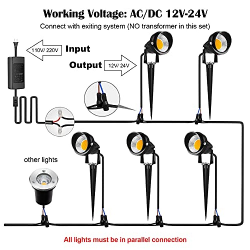 ZUCKEO 10W 저전압 조경 조명 커넥터가 있는 LED 조경 조명 12V 야외 스포트라이트 바닥 정원 통로 잔디밭 조명 1000LM 방수 따뜻한 백색광(커넥터 포함 14팩)