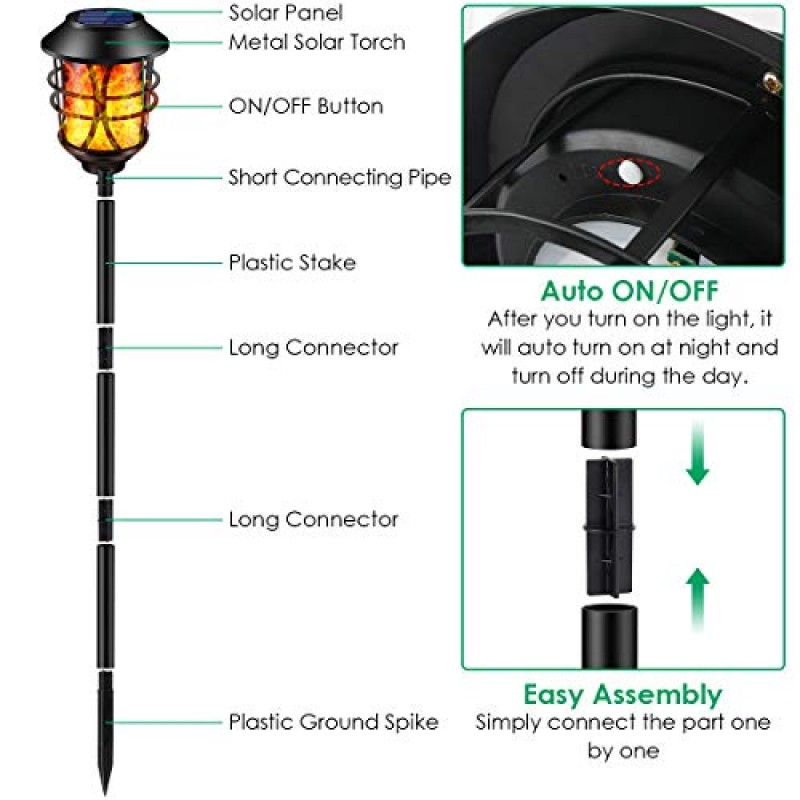 TomCare 태양광 조명 금속 깜박이는 불꽃 태양광 횃불 조명 방수 야외 헤비듀티 조명 태양광 통로 조명 조경 조명 황혼에서 새벽까지 자동 켜짐/꺼짐 정원 파티오 야드용, 4팩