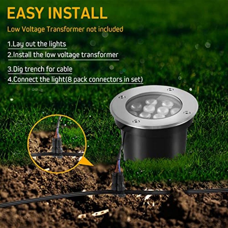 INTWELL 12W 조경 조명, 정원 지상 조명용 저전압 옥외 LED 우물 조명 12V-24V LED 조경 조명 forBackyard,Patio Walkway(4 팩 6000K 쿨 화이트)